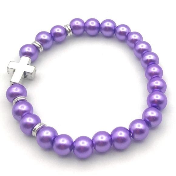 Purple Faux Pearl Side Cross Stretch Bracelet - Picture 2 of 5